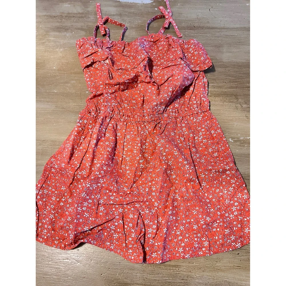 NEW Tea Collection Girls 16 Red Floral Tie‎ Shoulder Ruffle Romper Linen/Cotton